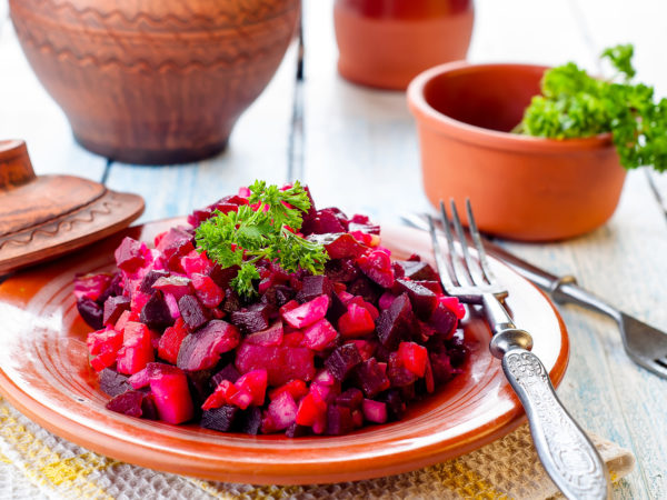 Traditional Ukrainian beetroot salad Vinegret, vegetable salad